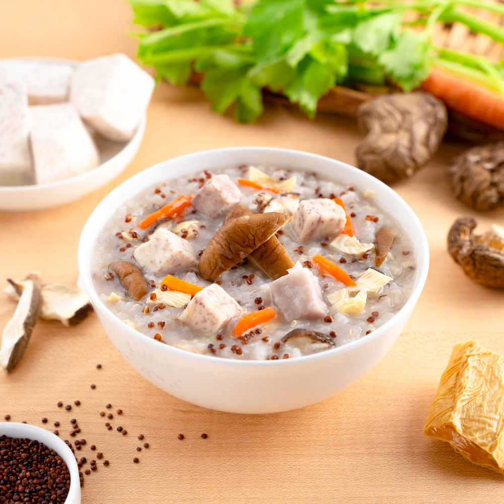 Red quinoa, taro and mushroom porridge