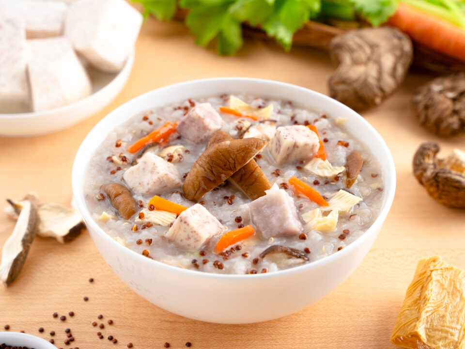 Red quinoa, taro and mushroom porridge